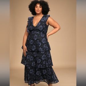 Lulu’s Molinetto Navy Blue Lace Ruffled Tiered Sleeveless Maxi Dress